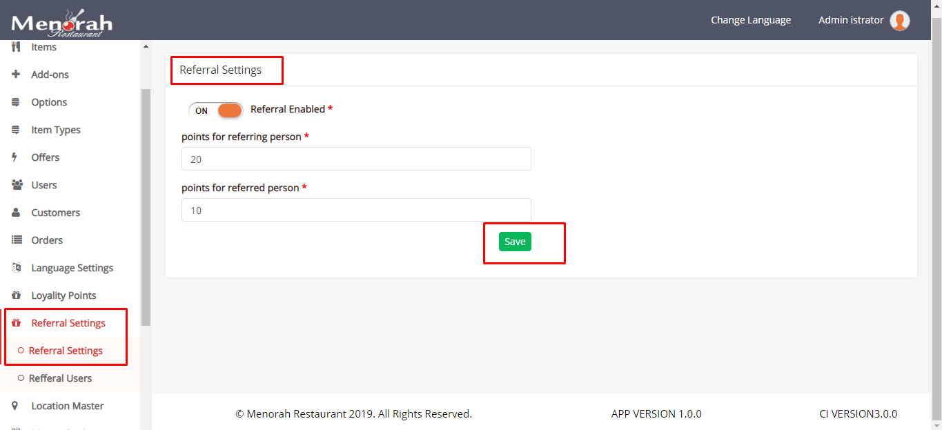 Referral Settings